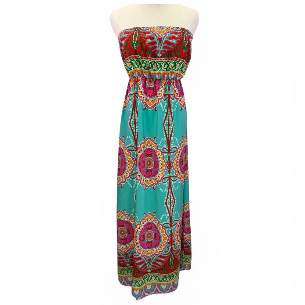 R Rouge Turquoise Pink Mandala Print Boho Strapless Smocked Maxi Dress Size S
